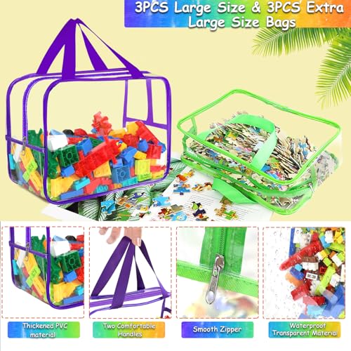 6 Colors L & XL Toy Storage Bags with Labels Reusable Clear Toy Organizer (6 Count)