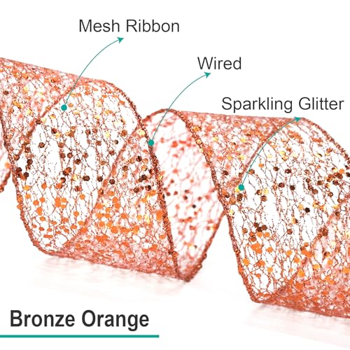 Sparkling Glitter Mesh Wired Ribbon 2.5" x 20 Yards Bronze Orange for Christmas Home Decor Bow Gift Wrapping DIY Crafts Wreath (60 Foot)