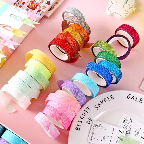 Glitter Washi Tape Metallic Decorative Craft Tape Set 24 Rolls Colored Masking for Scrapbook DIY Art Craft Supplies Gift Decor (24 Count)