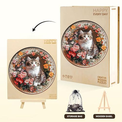 Colorful Flowers Cat Puzzles Adults Gifts for Women Men Wooden 200 Pieces 11.8 * 11.8in (200 Count)