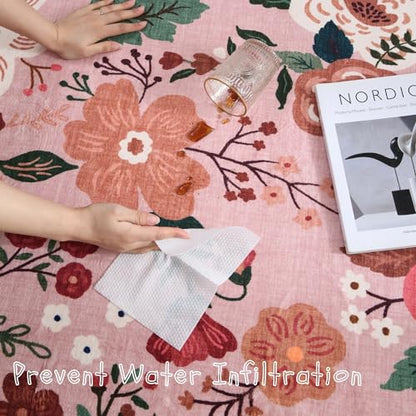 Round Rug 4ft Washable Circle Rug Non Slip Low Pile Boho Floral Small Circular Rug for Bedroom