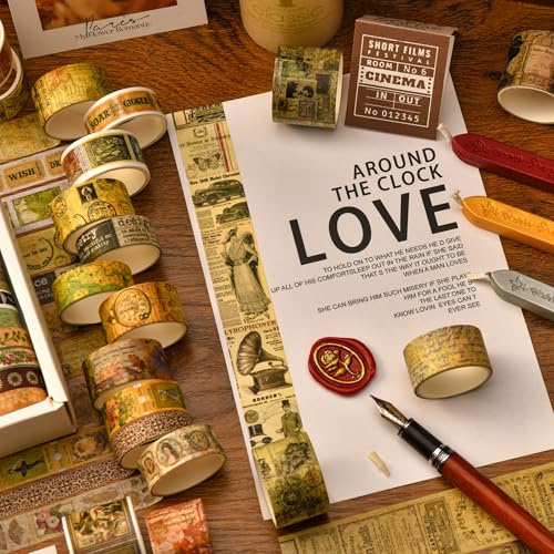 36 Rolls Vintage Washi Tape Pack Retro Arts Adhesive Tapes Wide Chronicle Decorative Masking Tape Sets for Craft (36 Count)