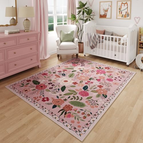 Area Rug 4x6 Rug Washable Boho Rugs Non Slip Low Pile Floral Small Carpet for Bedroom