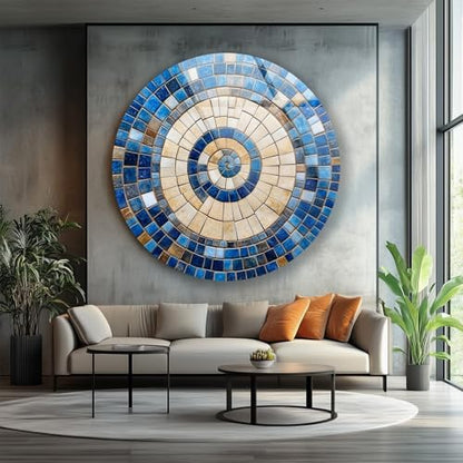 24''(60cm) Diameter Coastal Sunburst Beige & Blue Round Glass Wall Art Tempered Glass Printing Wall Decor Large Wall Art Wall Hangings