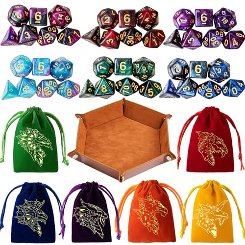 DND Dice Set 42 Pcs Polyhedral Dungeons and Dragons Rolling Dice for D&D RPG MTG Table Games Dice Bulk with Colorful Drawstring Bags and Dice Tray (49 Count)