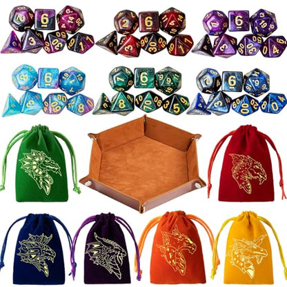 DND Dice Set 42 Pcs Polyhedral Dungeons and Dragons Rolling Dice for D&D RPG MTG Table Games Dice Bulk with Colorful Drawstring Bags and Dice Tray (49 Count)