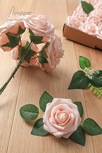 Artificial Flowers 50pcs Real Looking Blush Foam Fake Roses with Stems for DIY Wedding Bouquets Pink Bridal Shower Centerpieces Floral Arrangements Party Tables Home Decorations (50 Count)