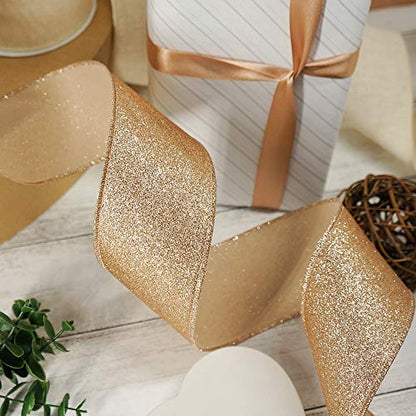 Glitter Wired Ribbon 2.5" x 10 Yards Gold (30 Foot)