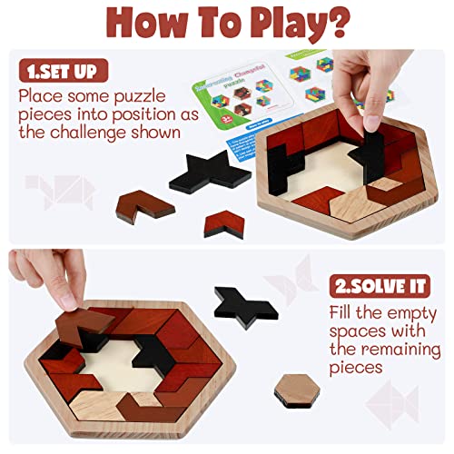 3 Pack Large Hexagon Tangram Puzzle Wooden Brain Puzzles for Adult Challenge Wood Russian Blocks Brain Teasers Geometric Jigsaw Block Logic Iq Stem Family Graduation Gifts (3 Count)