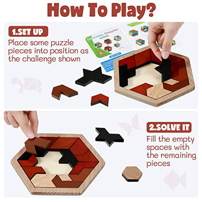 3 Pack Large Hexagon Tangram Puzzle Wooden Brain Puzzles for Adult Challenge Wood Russian Blocks Brain Teasers Geometric Jigsaw Block Logic Iq Stem Family Graduation Gifts (3 Count)