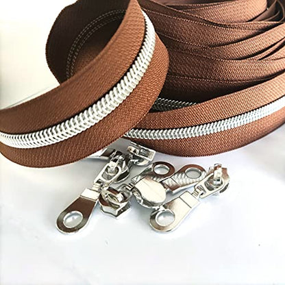 5 Metallic Silver Nylon Coil Zippers by the Yard Bulk 10 Yards Brown Zipper Tape with 25pcs Silver Sliders for DIY Sewing Tailor Craft Bag