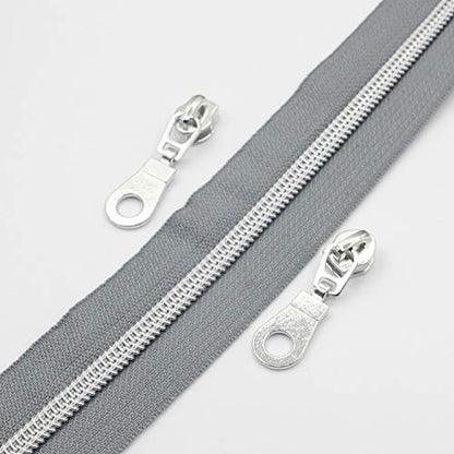 5 Metallic Silver Nylon Coil Zippers by The Yard Bulk 10 Yards Grey Tape with 25pcs Silver Sliders for DIY Sewing Tailor Craft Bag