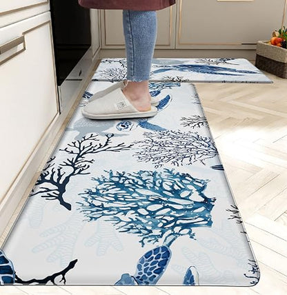 Boho Kitchen Rugs Set 2 Pieces Memory Foam Colorful Ceramic Comfort Tile Floor Mat Anti Fatigue Non (8.4167 Sq Ft)