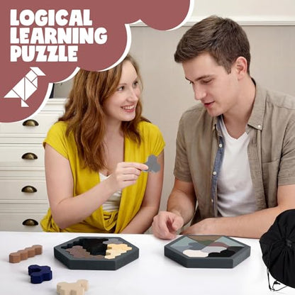 3 Pack Large Wooden Blocks Puzzles Hexagon Tangram Puzzle Wooden Russian Brain Puzzles for Adult Challenge Teasers Geometric Jigsaw Logic Iq STEM Educational Gift Graduation (3 Count)