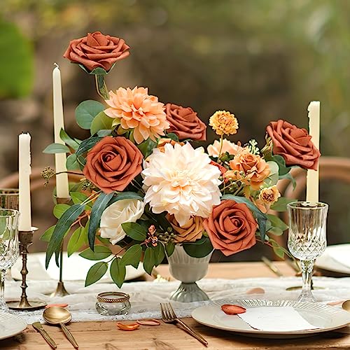 Burnt Orange Rose 25pcs Real Looking Artificial Flowers w (25 Count)