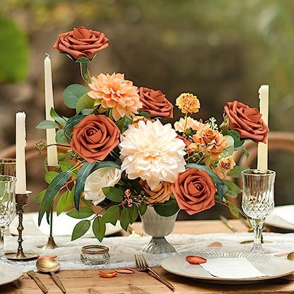 Burnt Orange Rose 25pcs Real Looking Artificial Flowers w (25 Count)