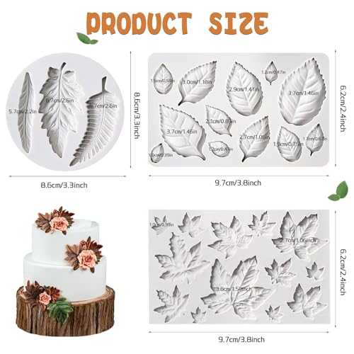 3pcs Leaf Fondant Mold Rose Leaves 3D Leaf Silicone Mold for Chocolate Candy Maple Leaf Sugar Craft Cake Decoration (3 Count)