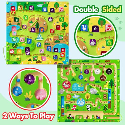 2 in 1 Magnetic Color and Number Maze Magnet Alphabet Counting Double Sided Board Wood Puzzle Fine Motor Skills Montessori Preschool Toys Gifts for Boys and Girls 3