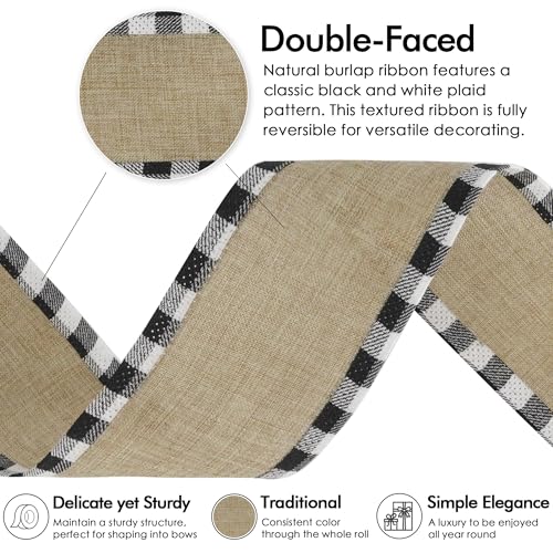 Burlap Christmas Ribbon Wired 2.5 Inch Plaid with Black and White Checkered Edging 10 Yards for Christmas Tree and Wreath Making (30 Foot)