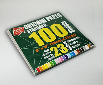 Taro's Origami Studio] Standard 6 Inch One Sided 23 Colors 100 Sheets Square Easy Fold Premium Japanese Paper for Beginner