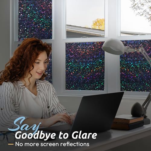 Blackout Rainbow Window Privacy Film Decorative Stained Glass Diamond Pattern Window Sticker with Iridescent Tint Non (9.58 Sq Ft)