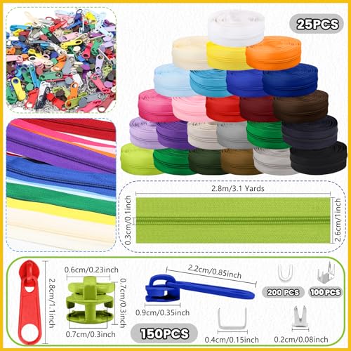 77.5 Yards 25 Pieces Sewing Zippers #3 Nylon Coil Zippers Assorted Zipper for Sewing with 150 Zipper Sliders for DIY Tailor Sewing Crafts Supplies (25 Count)