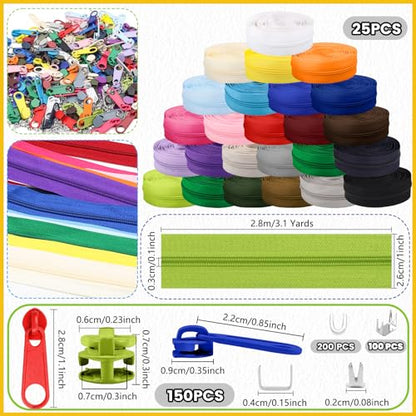 77.5 Yards 25 Pieces Sewing Zippers #3 Nylon Coil Zippers Assorted Zipper for Sewing with 150 Zipper Sliders for DIY Tailor Sewing Crafts Supplies (25 Count)