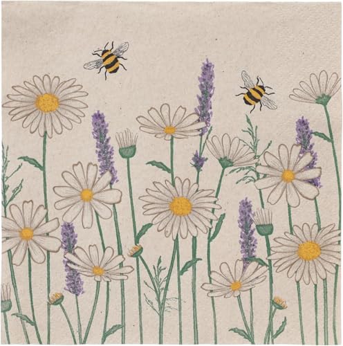Table Kind 100 x Soft Recycled Floral Napkins Wildflower Napkins for Decoupage Daisy Bee Pretty Disposable Party Serviettes for Spring Weddings (100 Count)