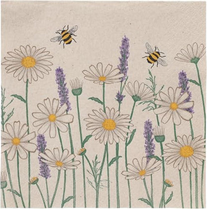 Table Kind 100 x Soft Recycled Floral Napkins Wildflower Napkins for Decoupage Daisy Bee Pretty Disposable Party Serviettes for Spring Weddings (100 Count)
