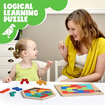 3 Pack Large Wooden Blocks Puzzles Hexagon Tangram Puzzle Wooden Russian Brain Puzzles for Adult Challenge Teasers Geometric Jigsaw Logic Iq STEM Educational Gift Graduation (3 Count)