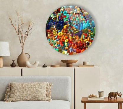 31.5''(80cm) Diameter Red Mosaic Round Glass Wall Art Tempered Glass Printing Wall Decor Large Wall Art Wall Hangings
