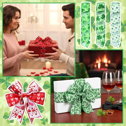 12 Rolls St. Patrick's Day Wired Edge Ribbon 2 Inch x 60 Yards Lucky Shamrock Print Craft Ribbon Valentine's Day Red Heart Gnome Truck Print Craft for St Patricks Party Supplies 12 Styles (12 Count)