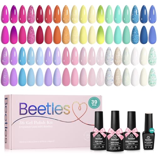 Set 39Pcs Neon Gel Nail Polish Pink Red Blue Purple Shade with Base Top Coat (6.75 Fl Oz)