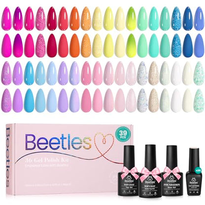Set 39Pcs Neon Gel Nail Polish Pink Red Blue Purple Shade with Base Top Coat (6.75 Fl Oz)