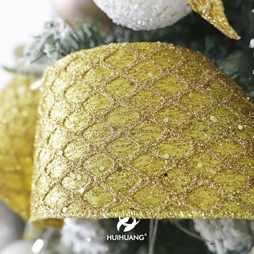 Gold Glitter Diamond Wired Christmas Ribbon 4 inch x 10 Yards (30 Foot)