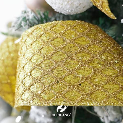 Gold Glitter Diamond Wired Christmas Ribbon 4 inch x 10 Yards (30 Foot)