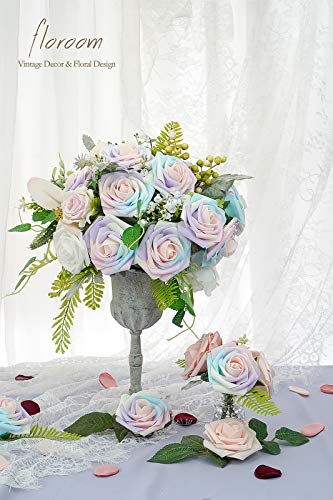 Artificial Flowers 25pcs Real Looking Whimsical Blush Foam Fake Roses with Stems for DIY Wedding Bouquets Baby Shower Centerpieces Floral Arrangements Party Tables Home Decorations (25 Count)
