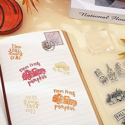 5 Sheet Fall Thanksgiving Clear Stamps Autumn Leaves Pumpkin Gnome Silicone Transparent Stamps Happy Fall Border Stamp Cards for DIY Craft Card Making Scrapbooking Embossing Album Decor (5 Count)