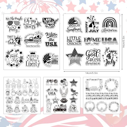 5 Sheet 4th of July Clear Stamps Patriotic Silicone Transparent Stamps Border Stamp Cards for 250th Anniversary Independence Day Memorial Day DIY Crafts Card Making Scrapbooking Embossing (5 Count)