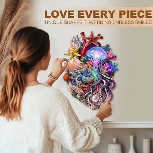 Sea Ocean Heart Puzzles Fantasy Jellyfish Octopus Coral Puzzle Adults Gifts for Women Men Wooden 235 Pieces 15.4 * 10.7in