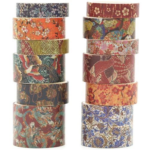 12 Rolls Kyoto Charm Washi Tape Set Japanese Arts Adhesive Tapes Geometric Garden Decorative Masking Tape Sets for Craft (12 Count)