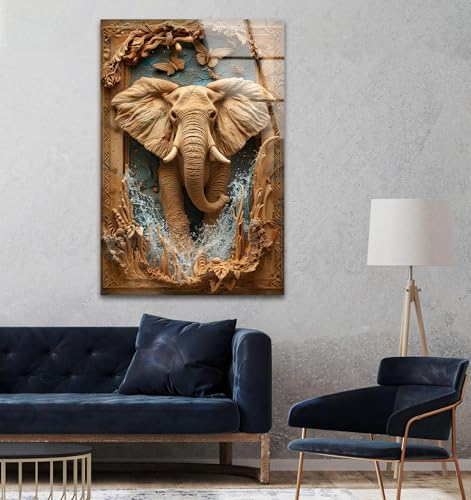 10Wx12H'' Elephant Carving Glass Wall Art Tempered Glass Printing Wall Decor Large Wall Art Wall Hangings