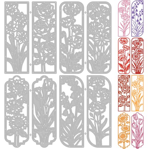 8PCS Background Flower Frame Metal Cutting Dies Floral Die Cuts for Card Making Rectangle Frame Metal Die Cuts Embossing Stencil Template for DIY Crafting Scrapbooking Bookmark Album Decor (8 Count)