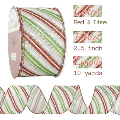 Red and Green Diagonal Striped Ribbon 2.5 Inch White Satin with Lime Green and Red Glitter Wired Ribbon for Christmas Tree (30 Foot)