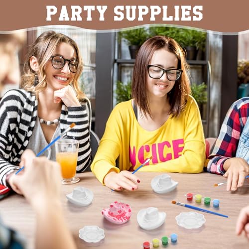 6 Set Cowboy Hat Ceramics to Paint Ready to Paint Your Own Ceramic Cowgirl Hat DIY Unpainted Plaster Paintable Kit Craft with Brush Palette for Adult Western Table Centerpieces Decorations (6 Count)