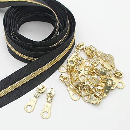 5 Gold Metallic Nylon Coil Zippers by The Yard Bulk 10 Yards Black Tape with 25pcs Gold Sliders for DIY Sewing Tailor Craft Bag