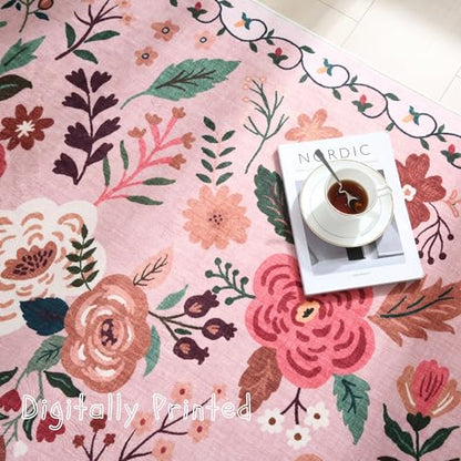 Area Rug 4x6 Rug Washable Boho Rugs Non Slip Low Pile Floral Small Carpet for Bedroom
