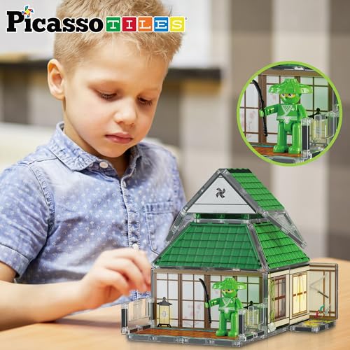 Magnet Tile Building Blocks Ninja Dojo House Theme STEM Playset with 4 Character Action Figure Ninjas Weapon Accessories Magnetic Tiles Educational Toy Pretend Play Toddlers Ages 3+ PTQ07 (10 count)