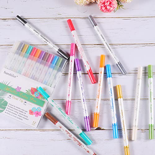 Metallic Markers Dual Tip Metallic Marker Pens Brush and Fine Point Pens for Black Paper (12 Count)