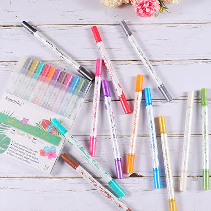 Metallic Markers Dual Tip Metallic Marker Pens Brush and Fine Point Pens for Black Paper (12 Count)